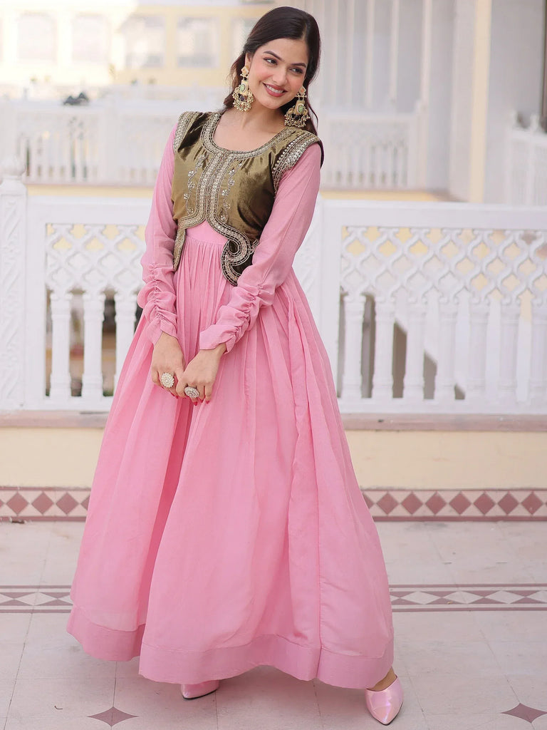 Alluring Light Pink Festival Wear Gown With Embroidered Koti  