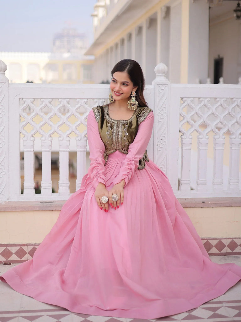 Alluring Light Pink Festival Wear Gown With Embroidered Koti  