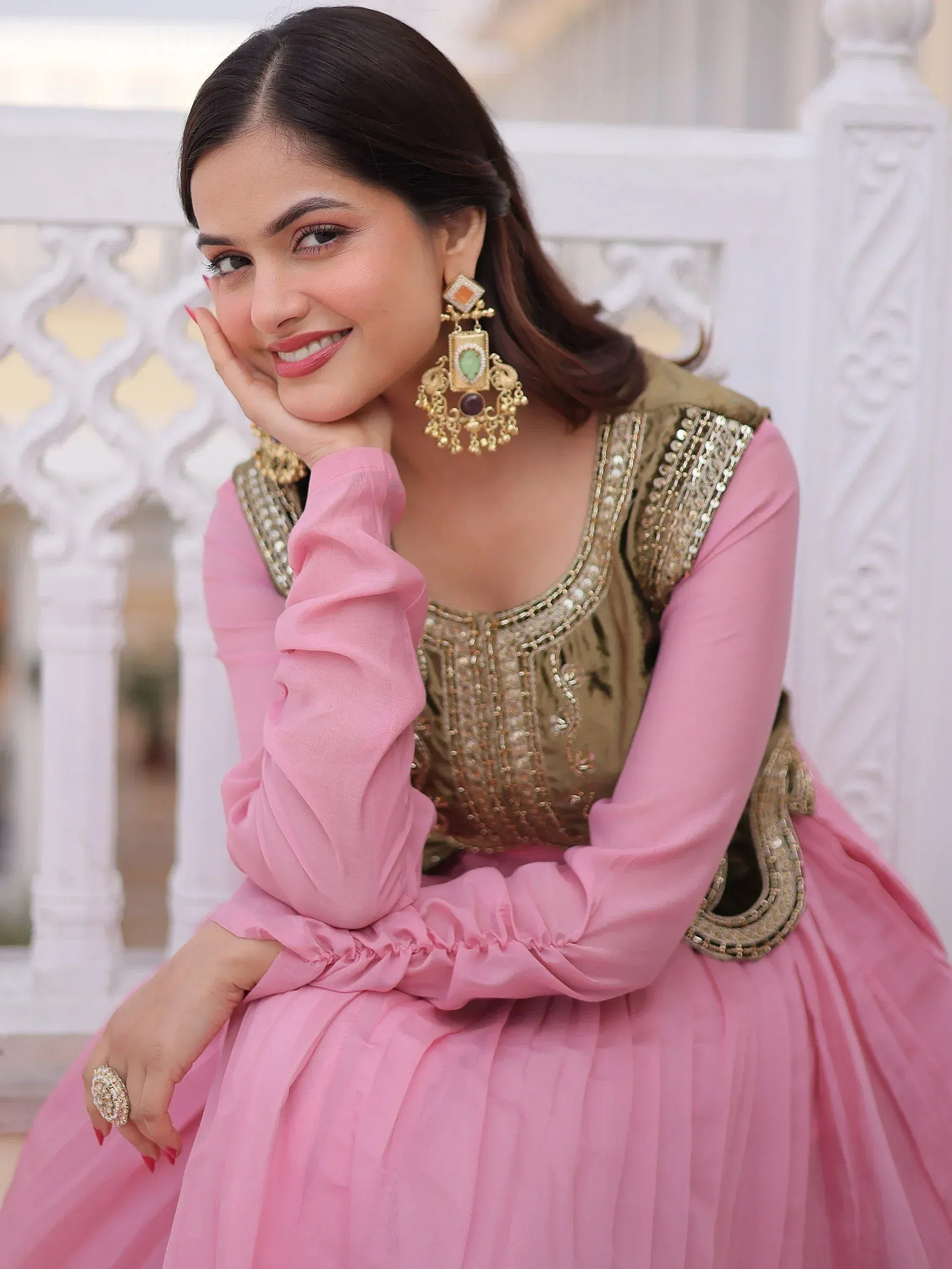 Alluring Light Pink Festival Wear Gown With Embroidered Koti  