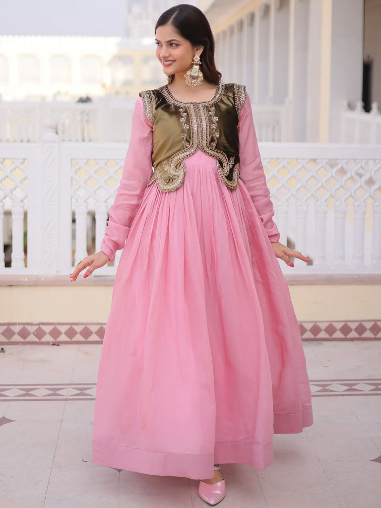 Alluring Light Pink Festival Wear Gown With Embroidered Koti  