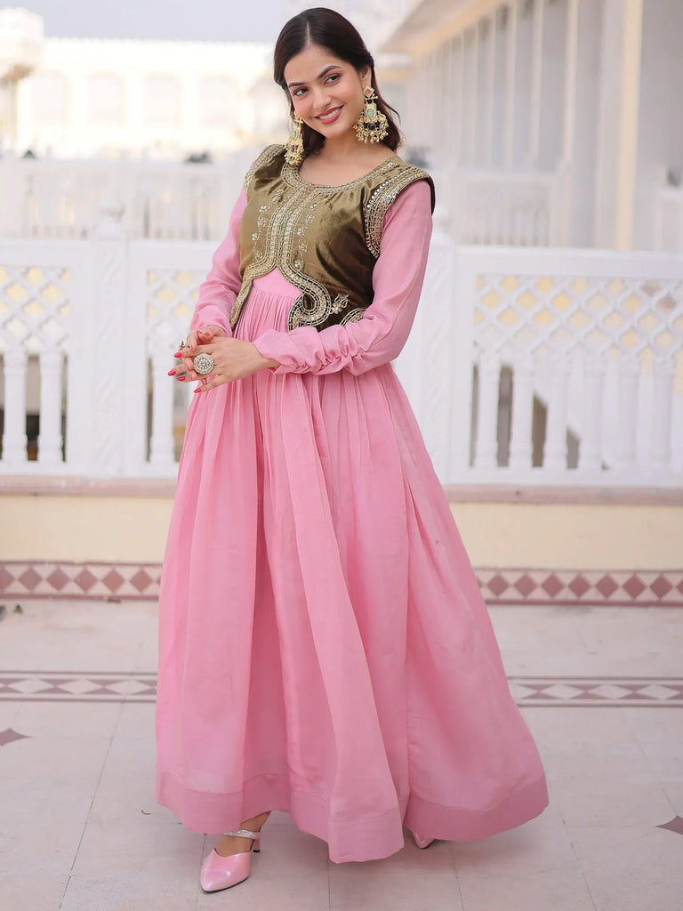 Alluring Light Pink Festival Wear Gown With Embroidered Koti  