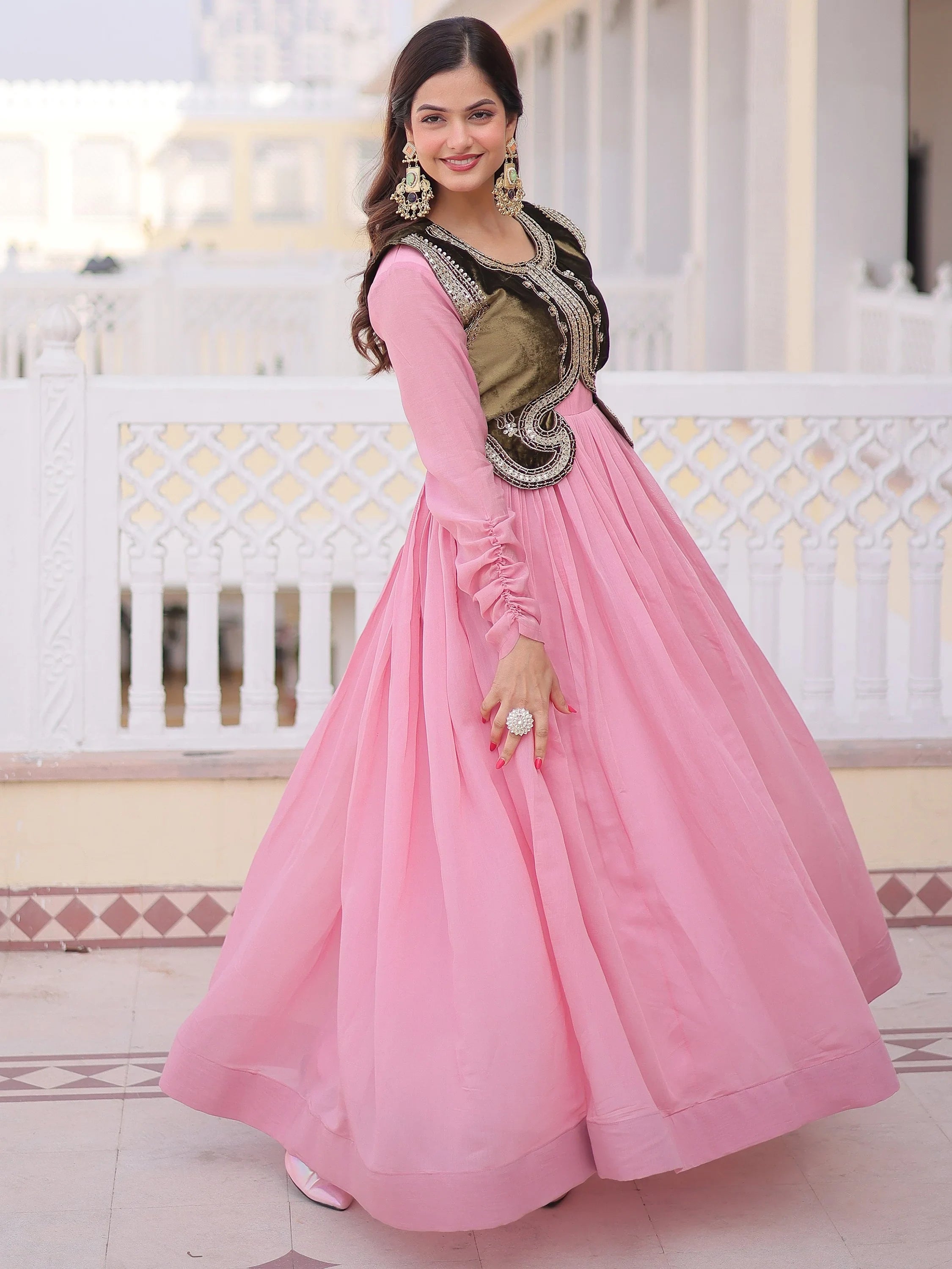 Alluring Light Pink Festival Wear Gown With Embroidered Koti  