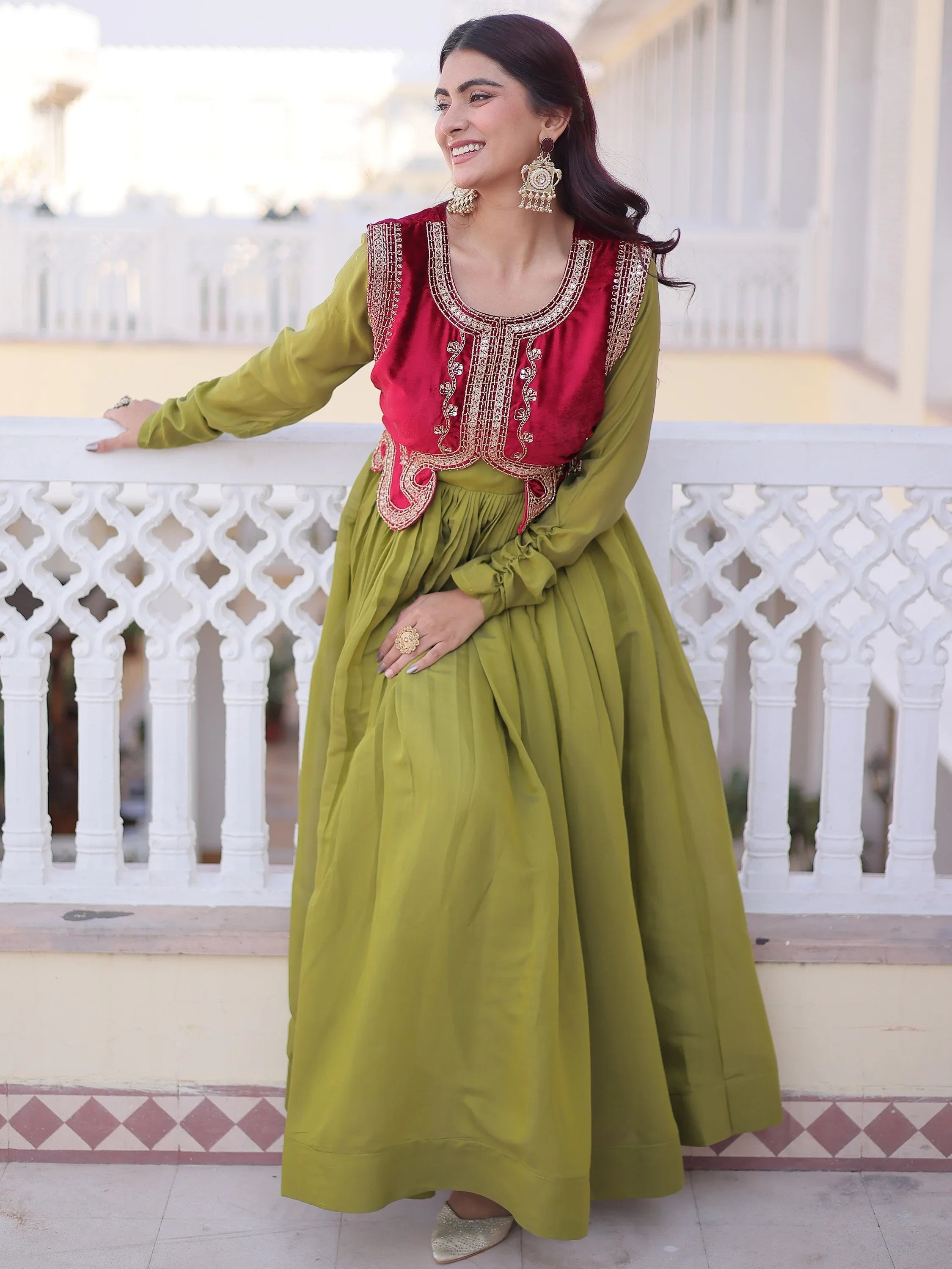 Beautiful Pista Green Function Wear Gown With Embroidered Koti  