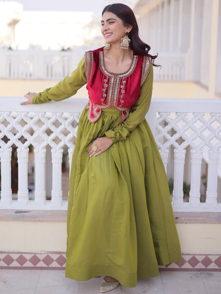 Beautiful Pista Green Function Wear Gown With Embroidered Koti  