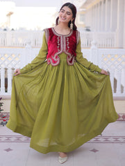 Beautiful Pista Green Function Wear Gown With Embroidered Koti  