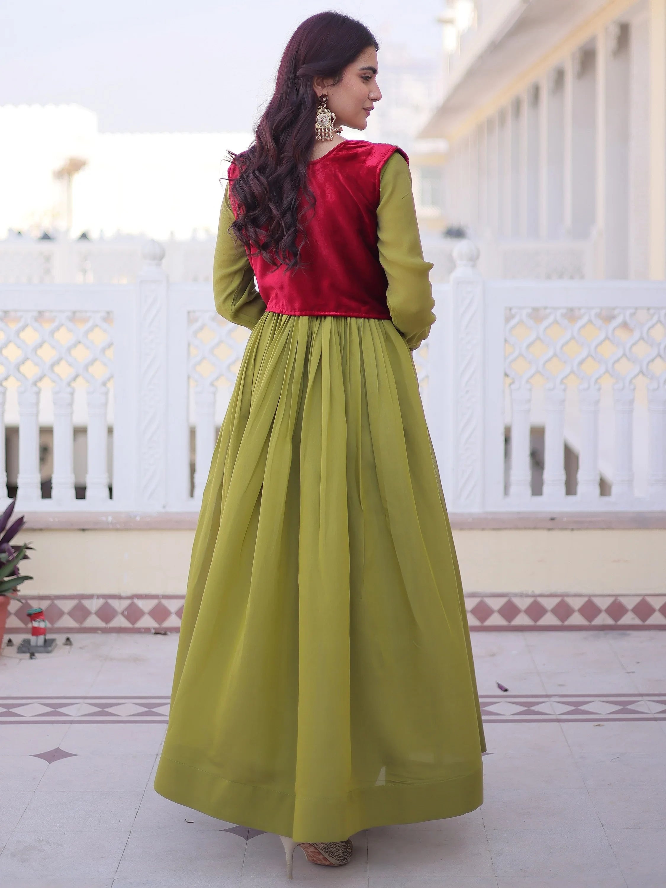 Beautiful Pista Green Function Wear Gown With Embroidered Koti  