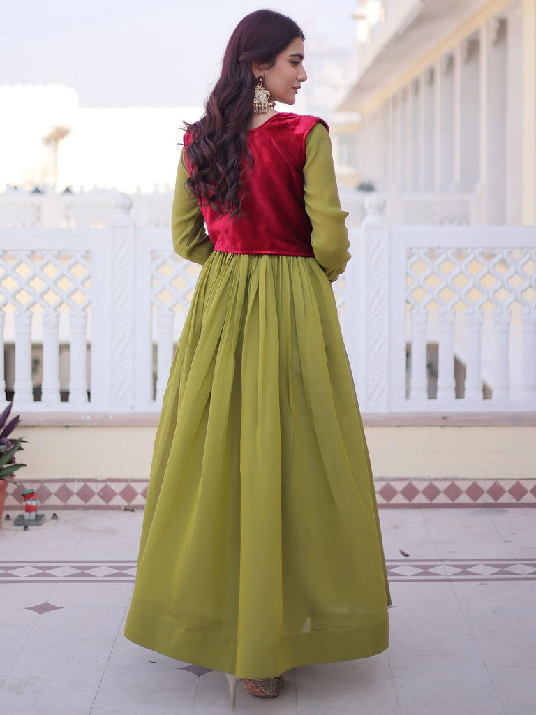 Beautiful Pista Green Function Wear Gown With Embroidered Koti  