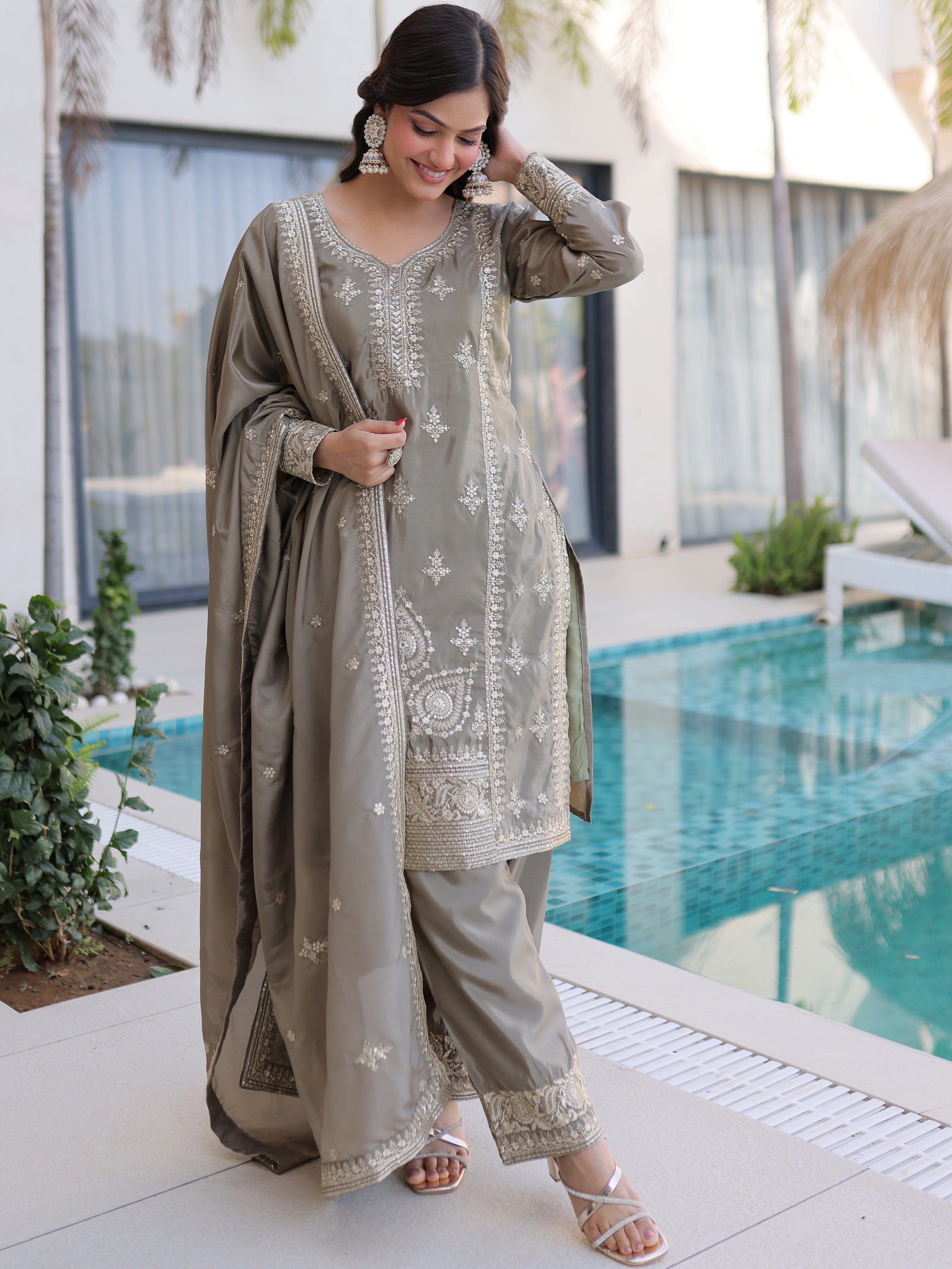 Enchanting Gray Zari Work Eid Special Pant Suit With Dupatta
