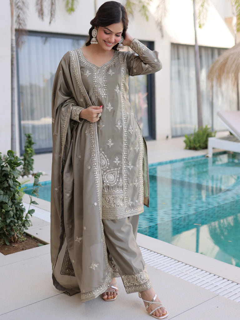 Enchanting Grey Zari Work Silk Eid Special Pant Suit With Dupatta