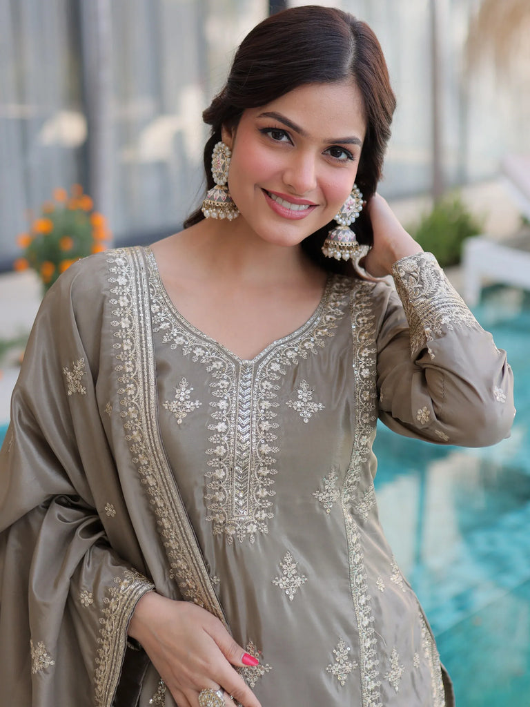 Enchanting Grey Zari Work Silk Eid Special Pant Suit With Dupatta