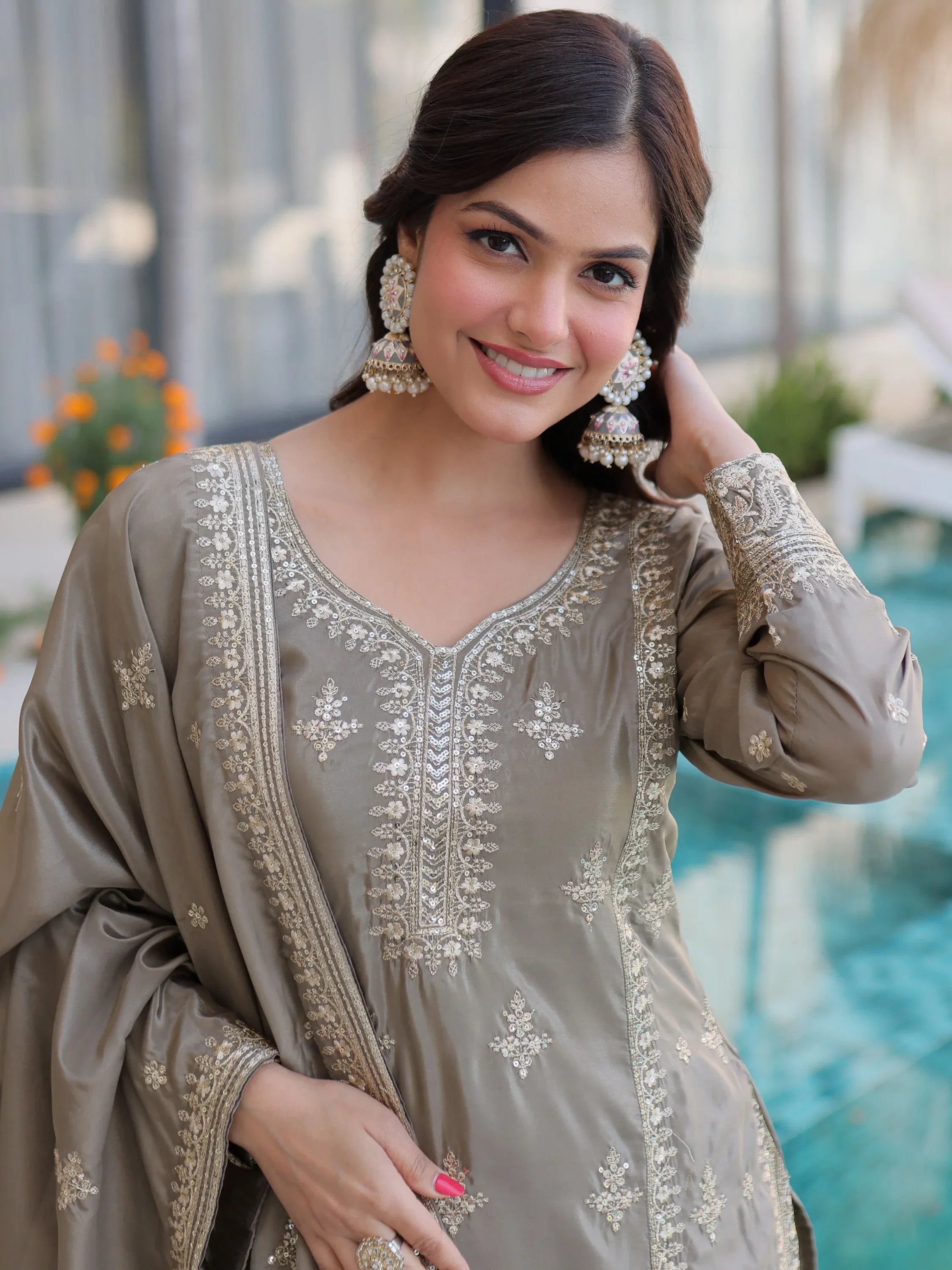Enchanting Grey Zari Work Silk Eid Special Pant Suit With Dupatta