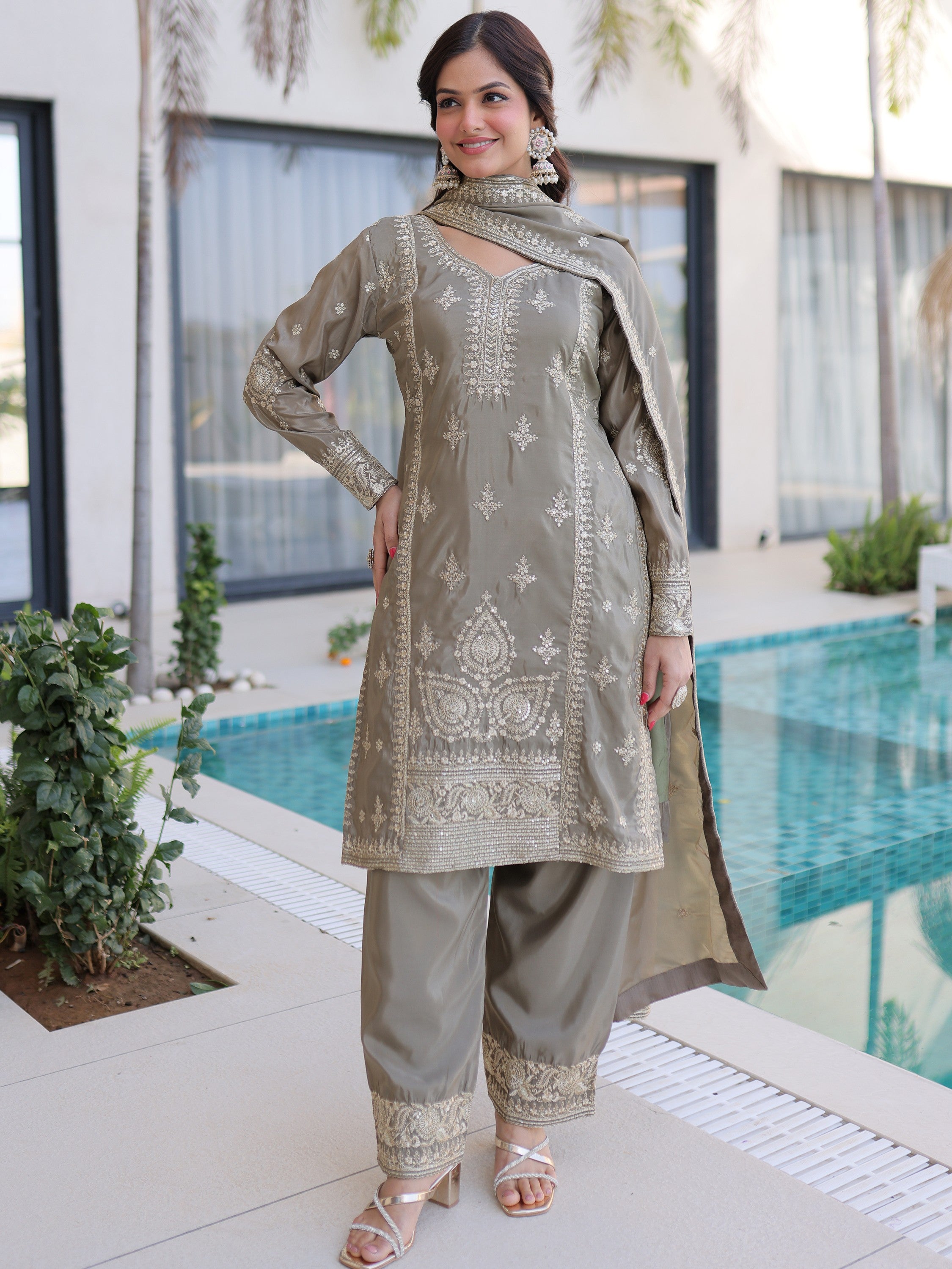 Enchanting Grey Zari Work Silk Eid Special Pant Suit With Dupatta