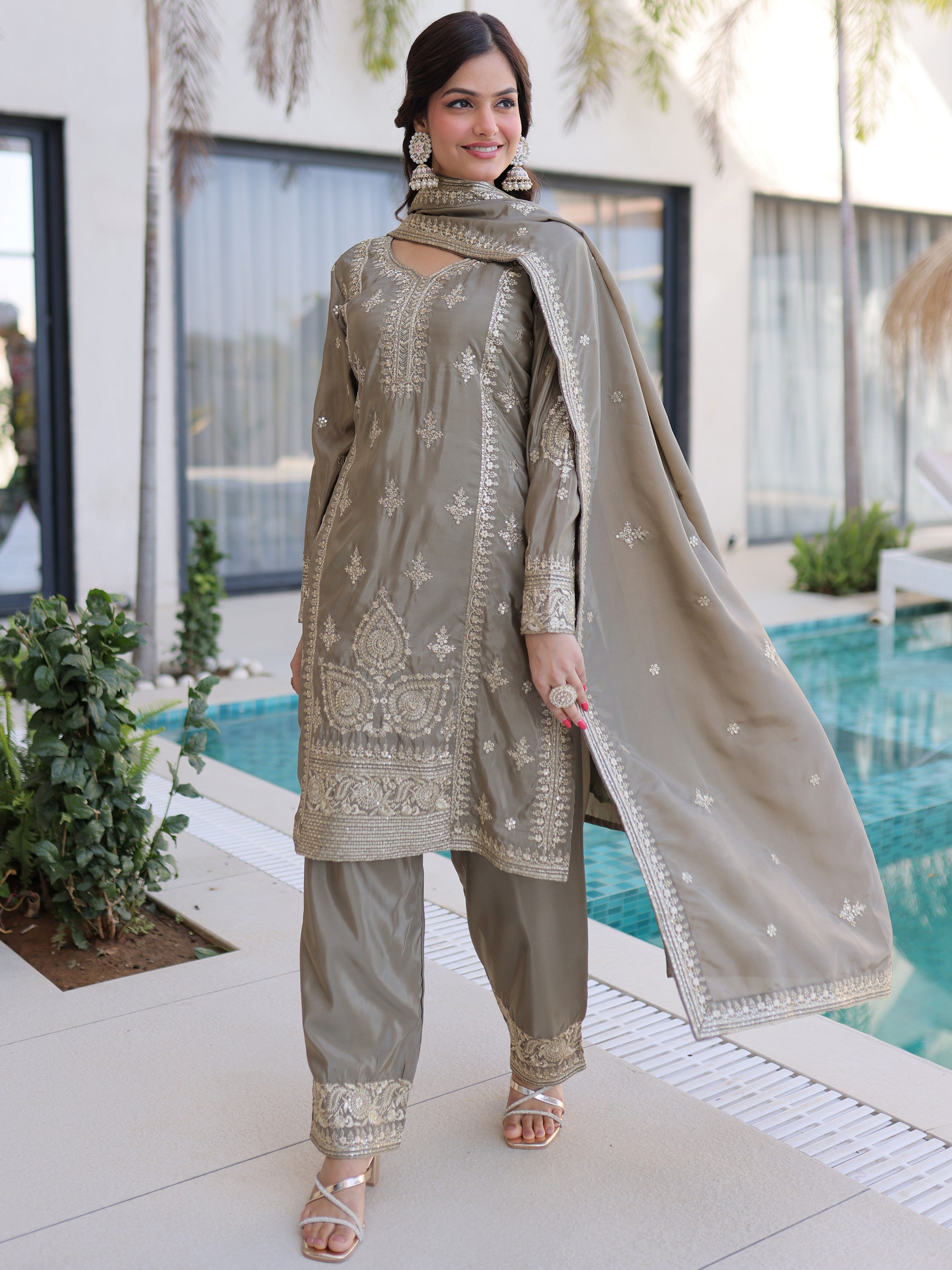 Enchanting Gray Zari Work Eid Special Pant Suit With Dupatta