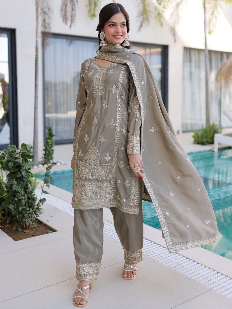 Enchanting Grey Zari Work Silk Eid Special Pant Suit With Dupatta