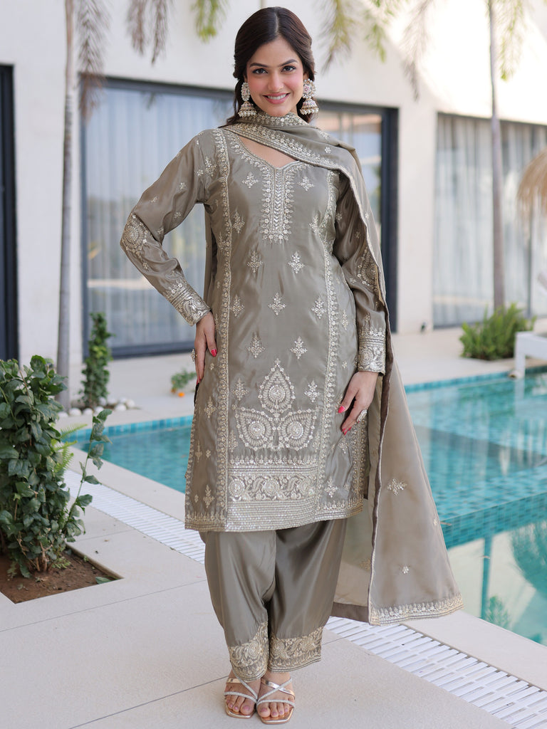 Enchanting Gray Zari Work Eid Special Pant Suit With Dupatta