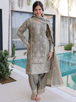 Enchanting Grey Zari Work Silk Eid Special Pant Suit With Dupatta