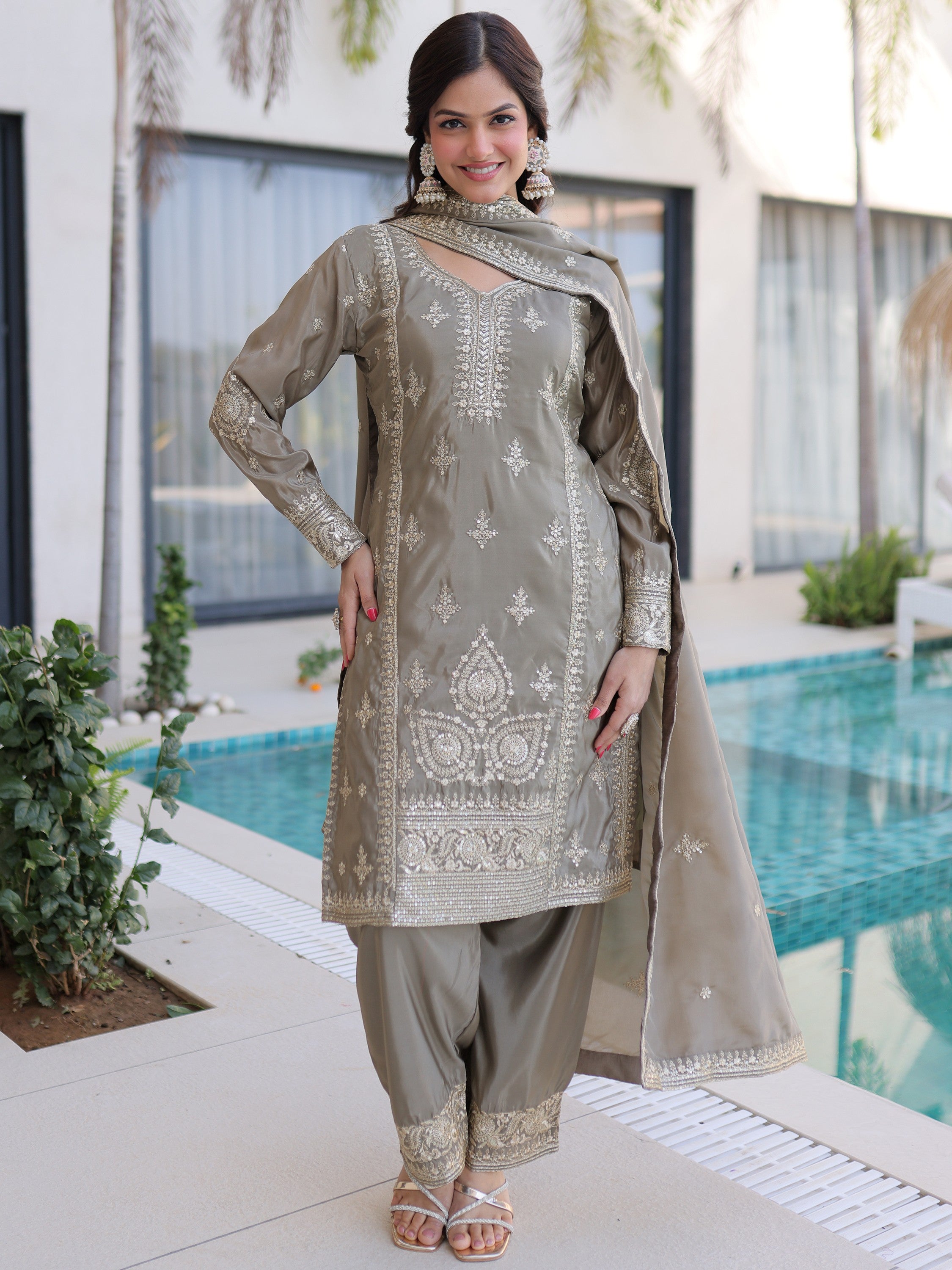 Enchanting Grey Zari Work Silk Eid Special Pant Suit With Dupatta