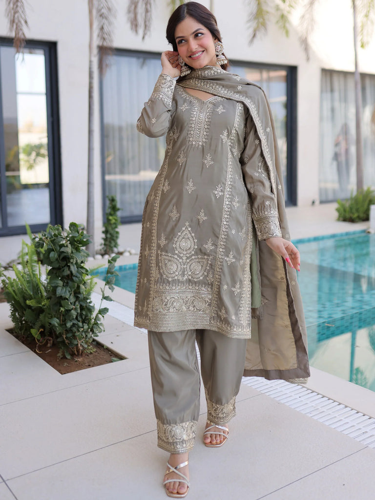 Enchanting Grey Zari Work Silk Eid Special Pant Suit With Dupatta