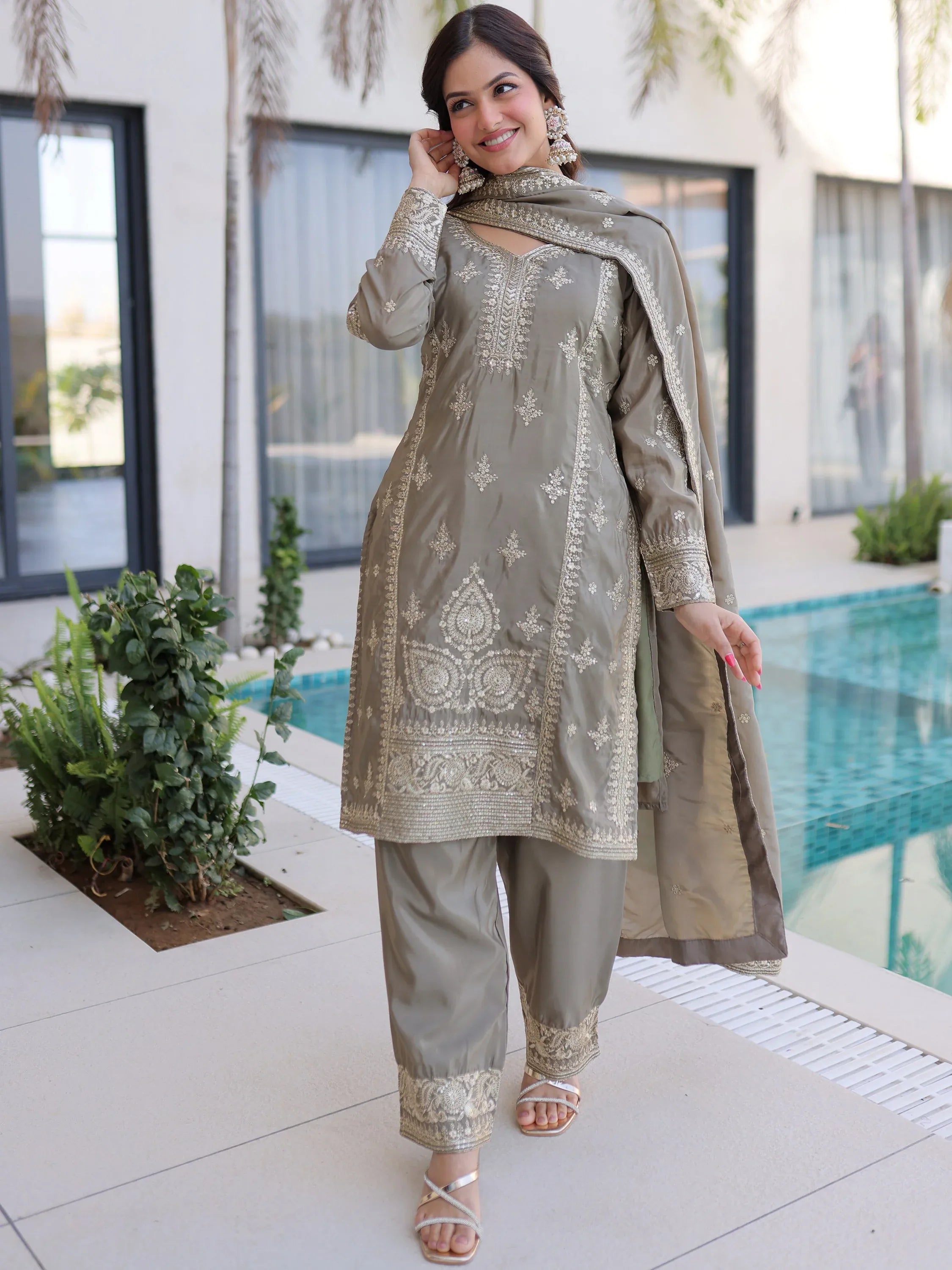 Enchanting Grey Zari Work Silk Eid Special Pant Suit With Dupatta