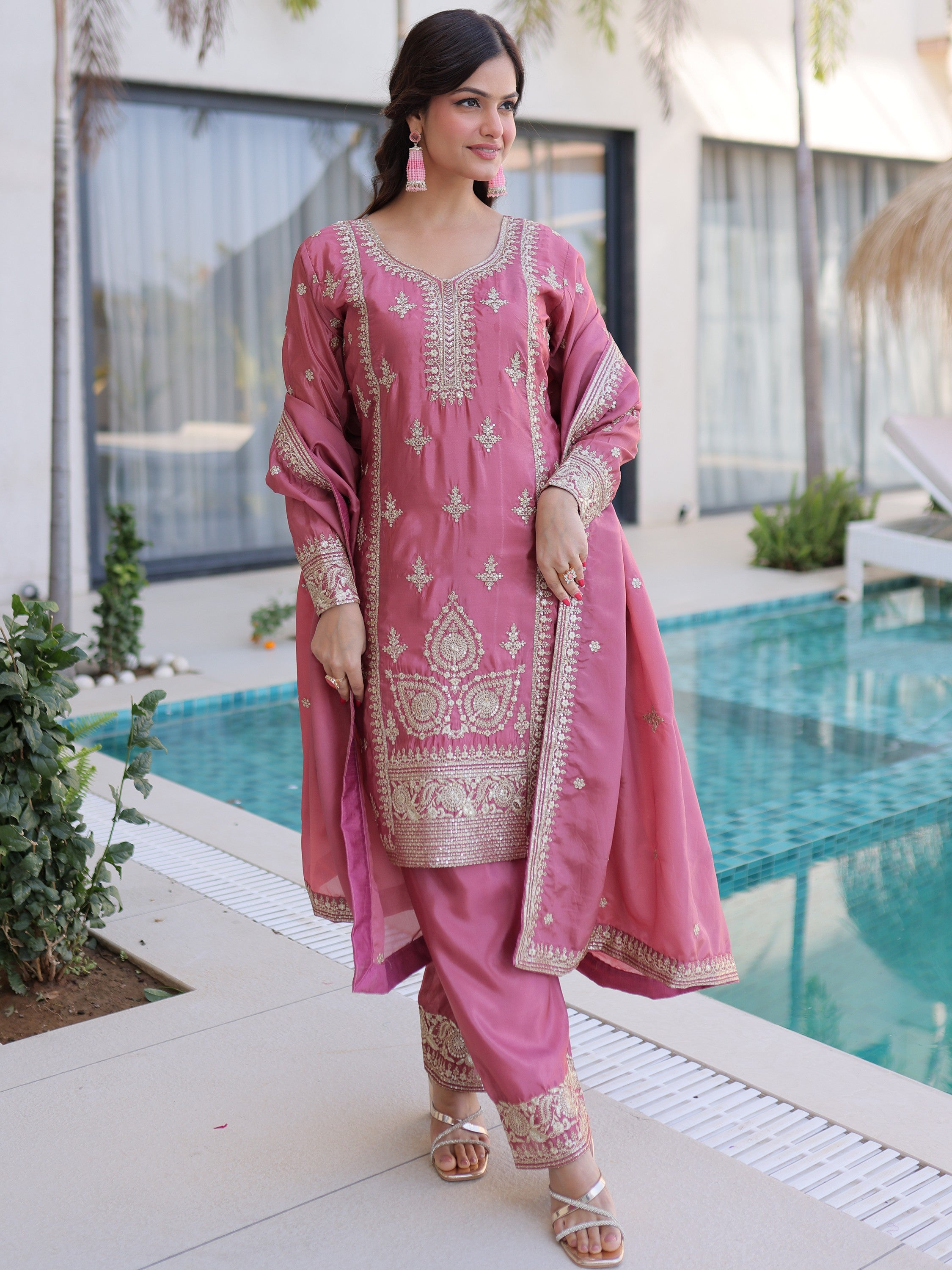 Adorable Pink Thread Embroidered Festival Wear Pant Suit With Dupatta