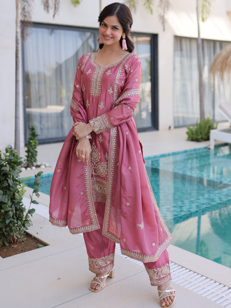 Adorable Pink Thread Embroidered Festival Wear Pant Suit With Dupatta