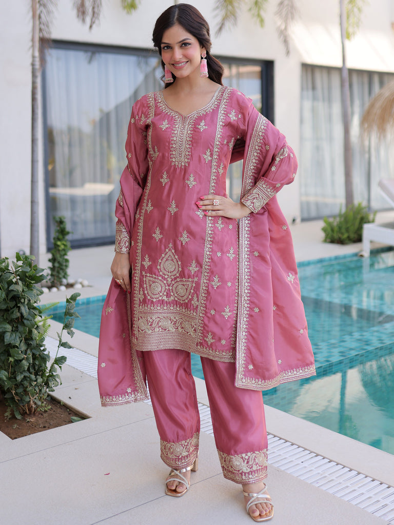 Adorable Pink Thread Embroidered Festival Wear Pant Suit With Dupatta