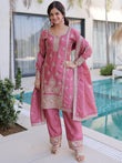 Adorable Pink Thread Embroidered Festival Wear Pant Suit With Dupatta