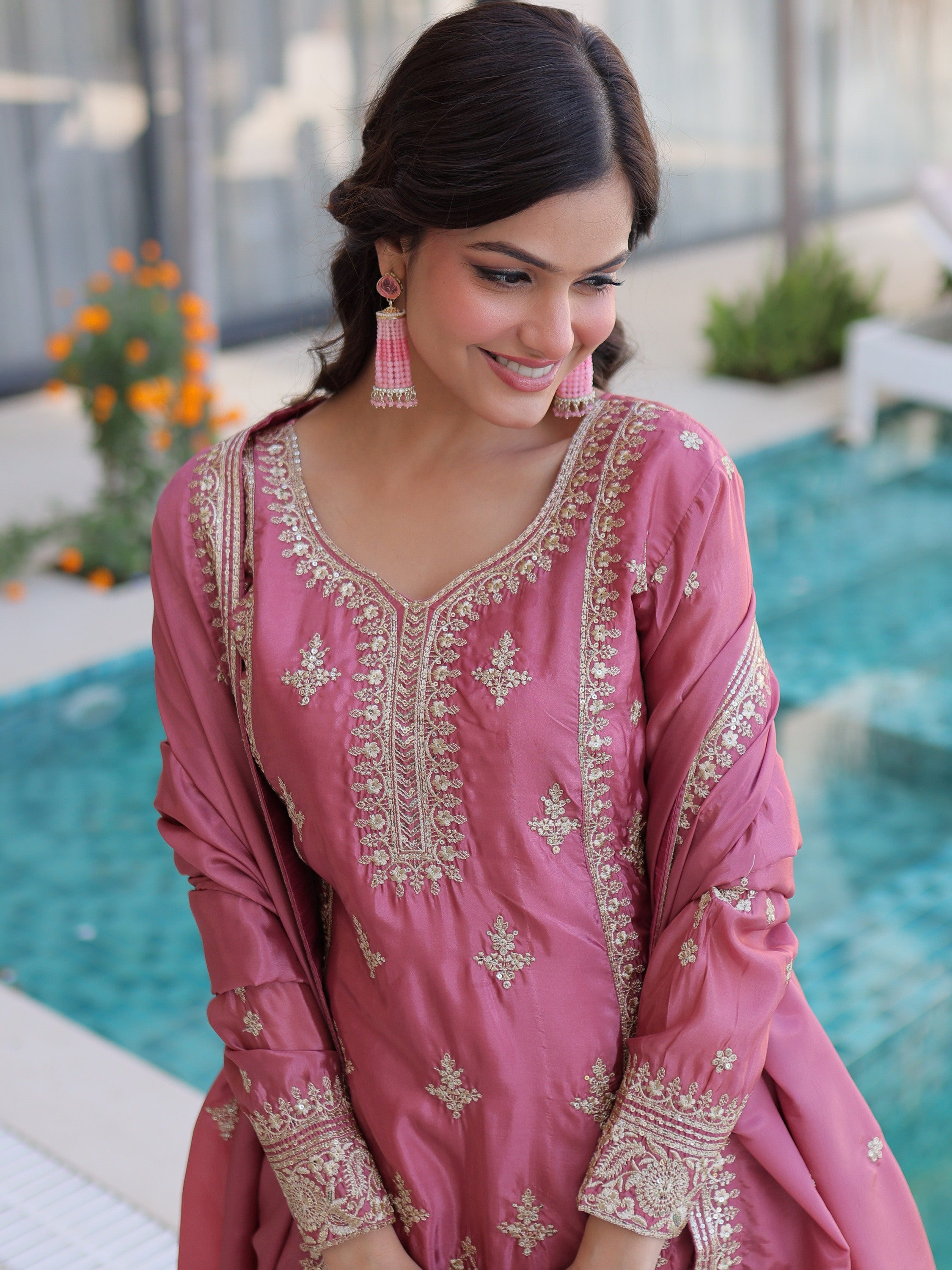 Adorable Pink Thread Embroidered Festival Wear Pant Suit With Dupatta