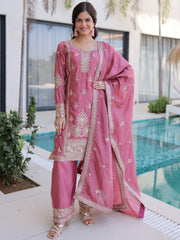 Adorable Pink Thread Embroidered Festival Wear Pant Suit With Dupatta