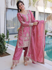 Adorable Pink Thread Embroidered Festival Wear Pant Suit With Dupatta