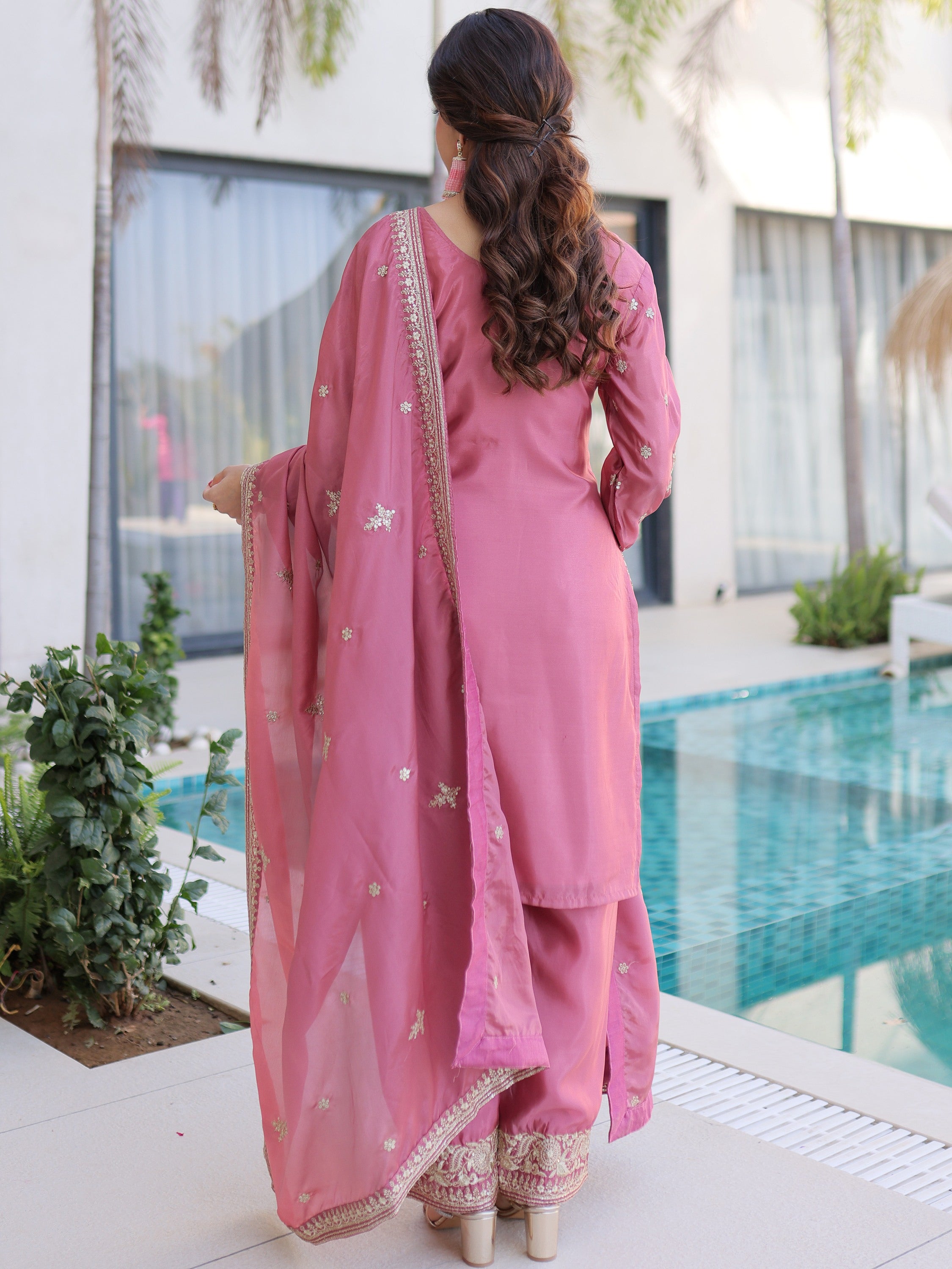 Adorable Pink Thread Embroidered Festival Wear Pant Suit With Dupatta