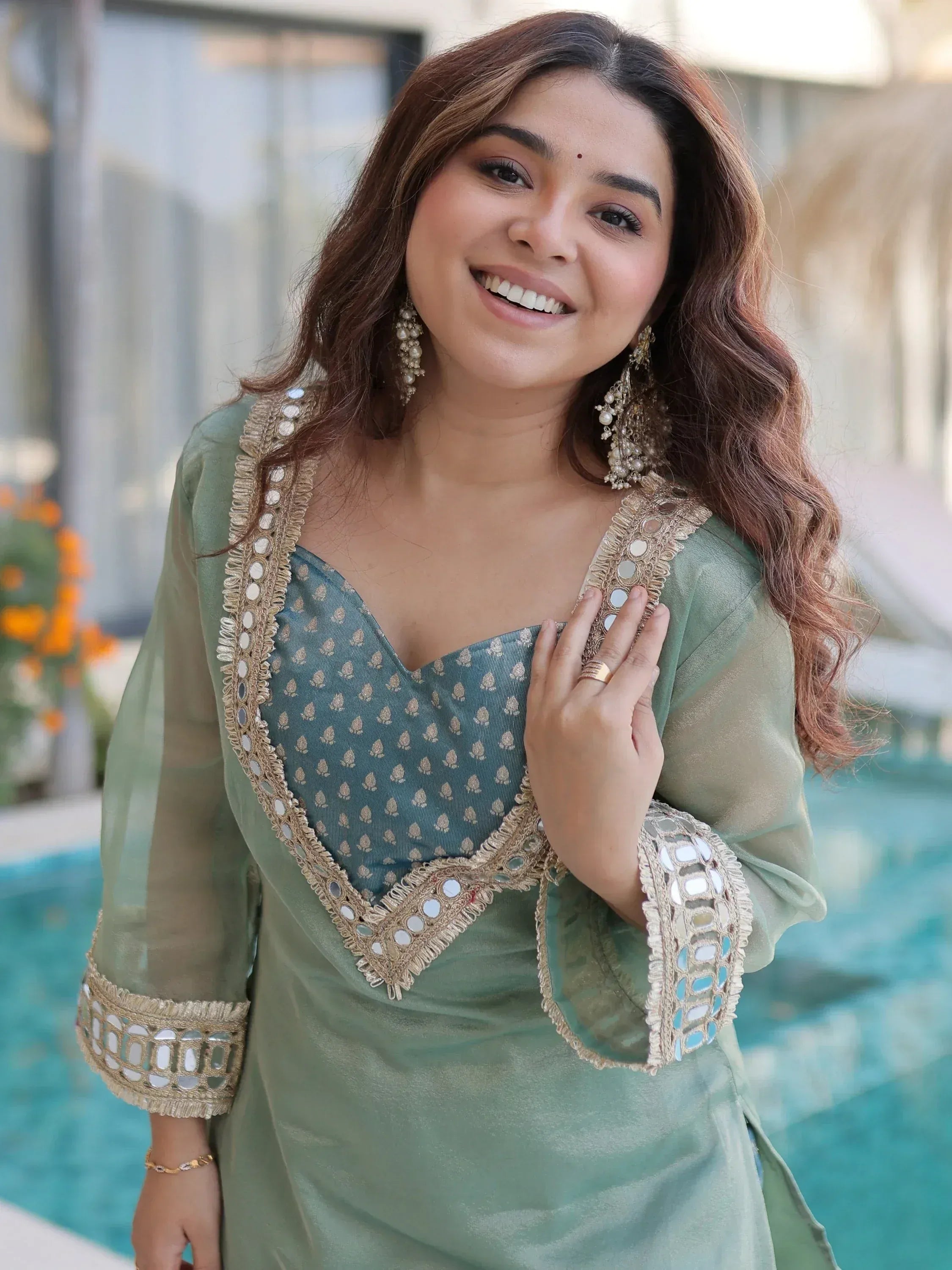 Fabulous Green Mirror Work Organza Function Wear Top With Palazzo