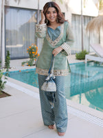 Fabulous Green Mirror Work Organza Function Wear Top With Palazzo