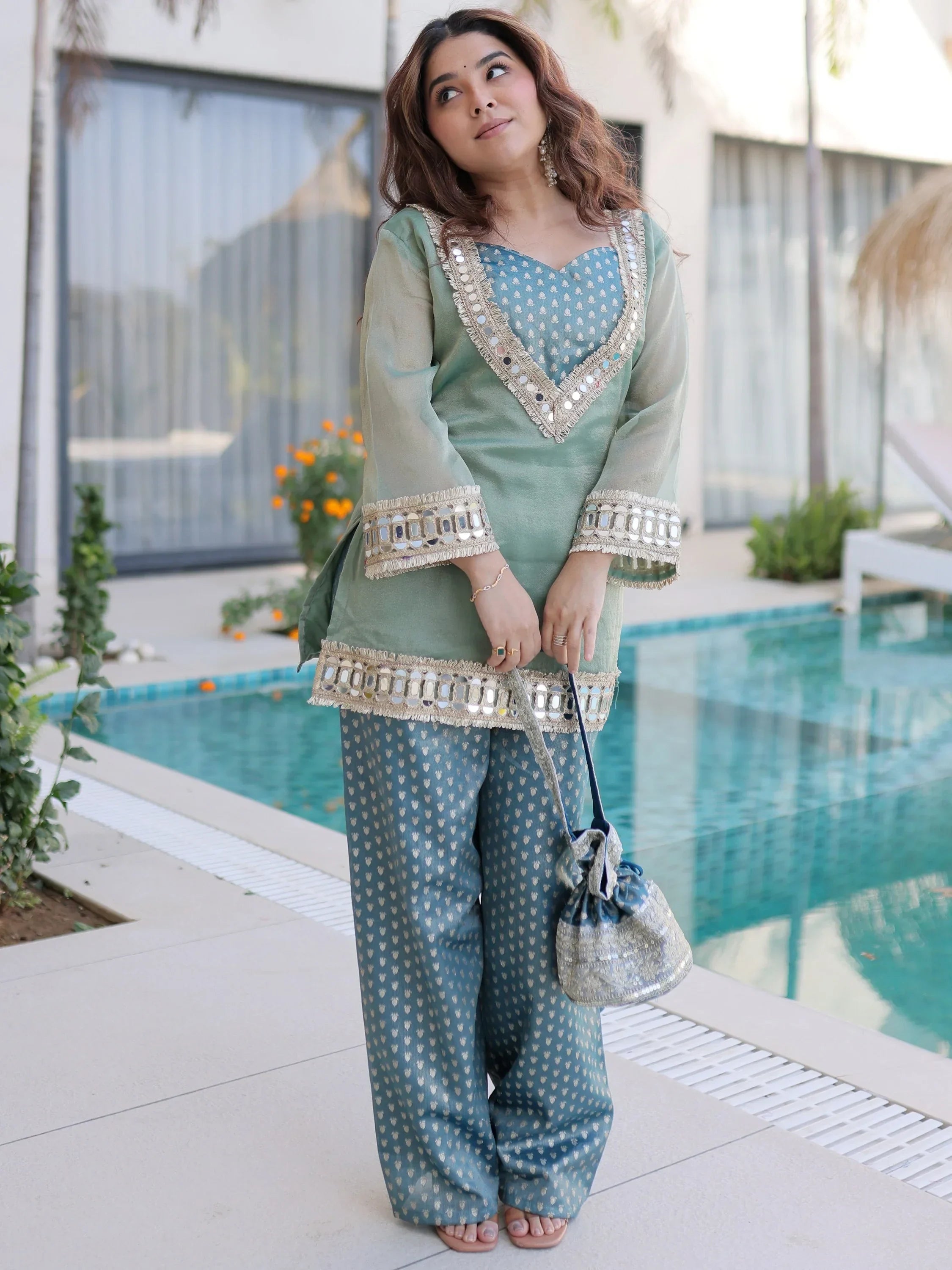 Fabulous Green Mirror Work Organza Function Wear Top With Palazzo