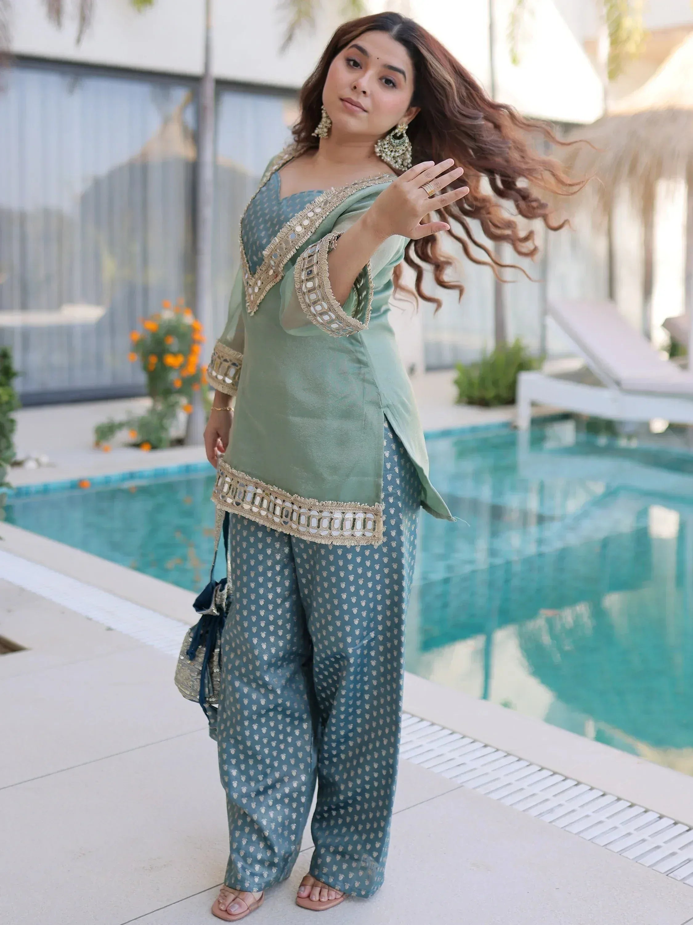 Fabulous Green Mirror Work Organza Function Wear Top With Palazzo