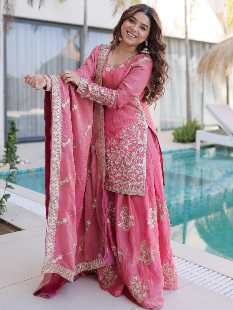 Fantastic Pink Zari Embroidered Crushed Festive Wear Sharara Suit
