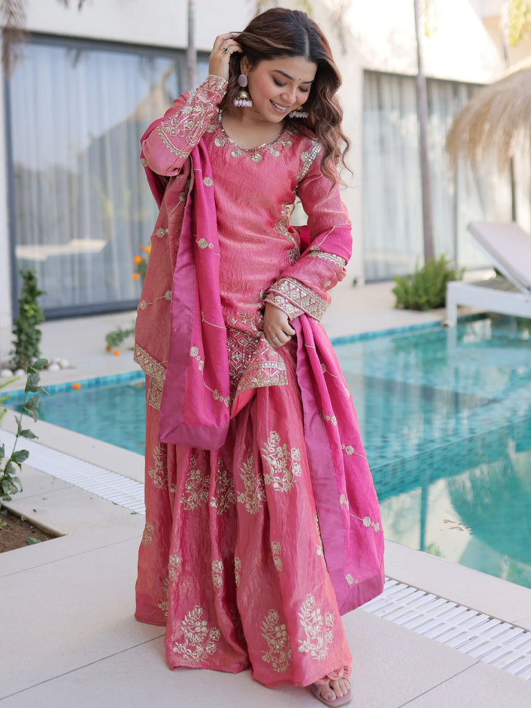 Fantastic Pink Zari Embroidered Crushed Festive Wear Sharara Suit