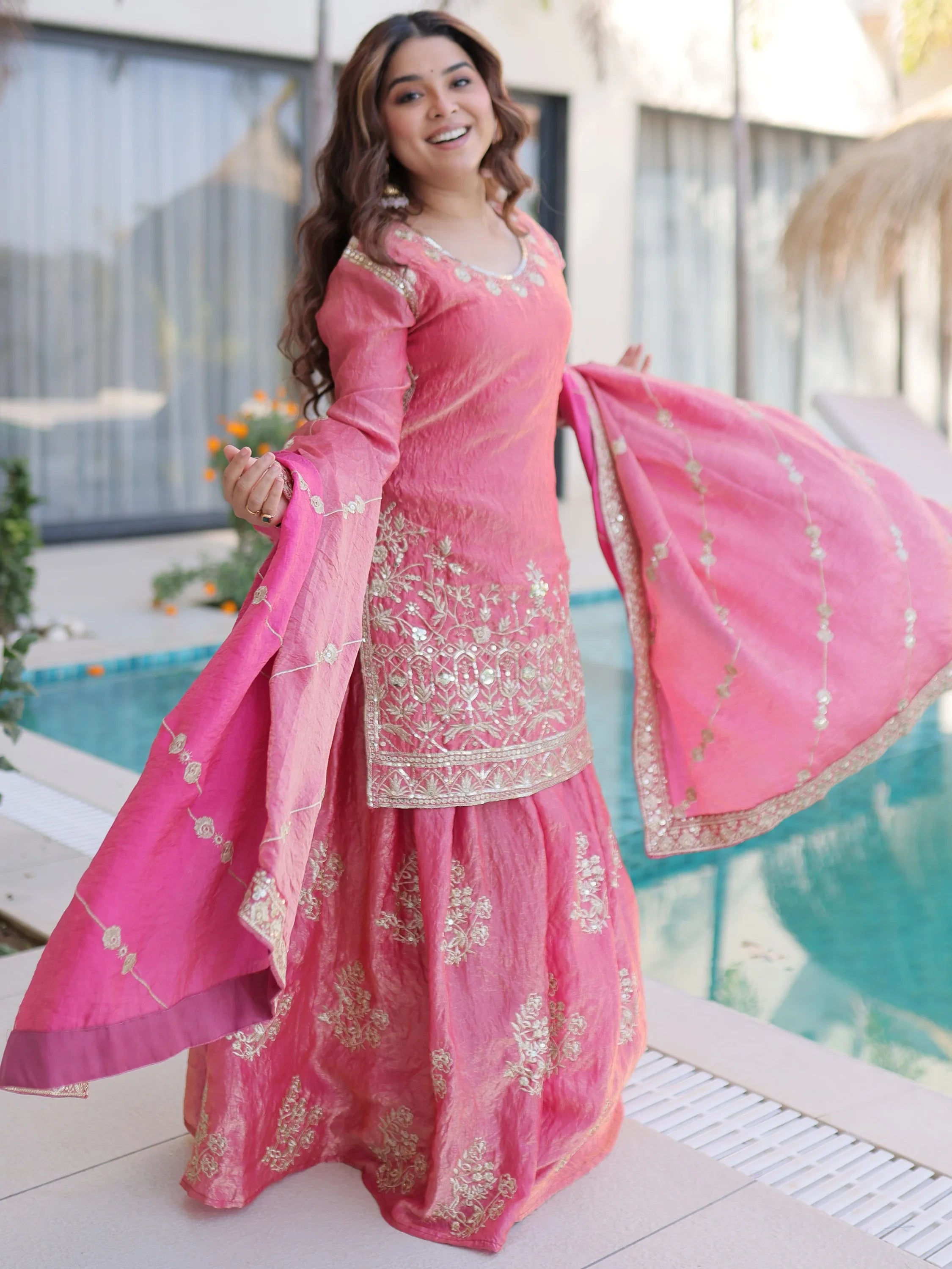 Fantastic Pink Zari Embroidered Crushed Festive Wear Sharara Suit