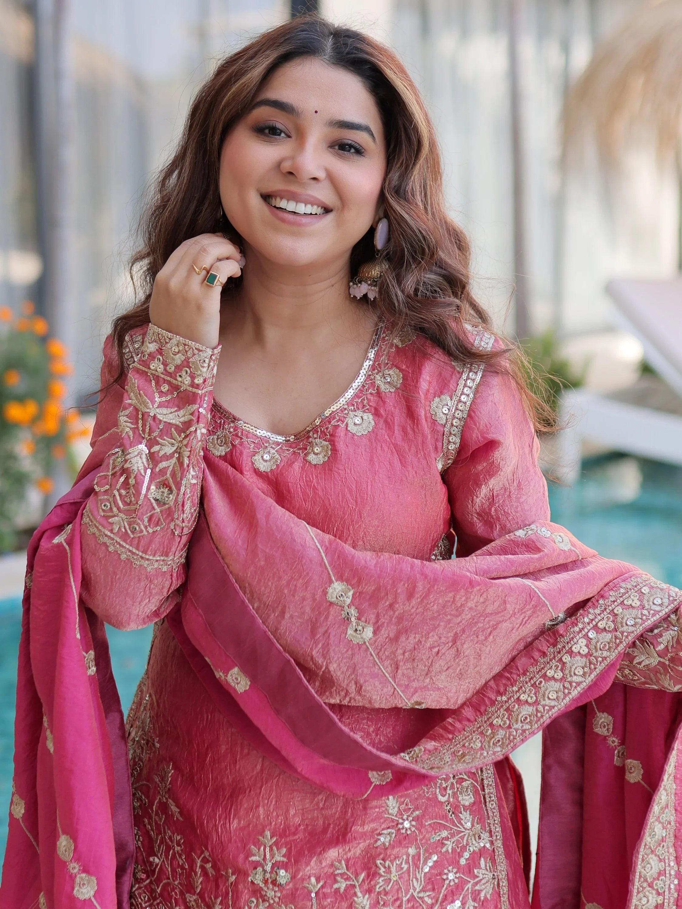 Fantastic Pink Zari Embroidered Crushed Festive Wear Sharara Suit