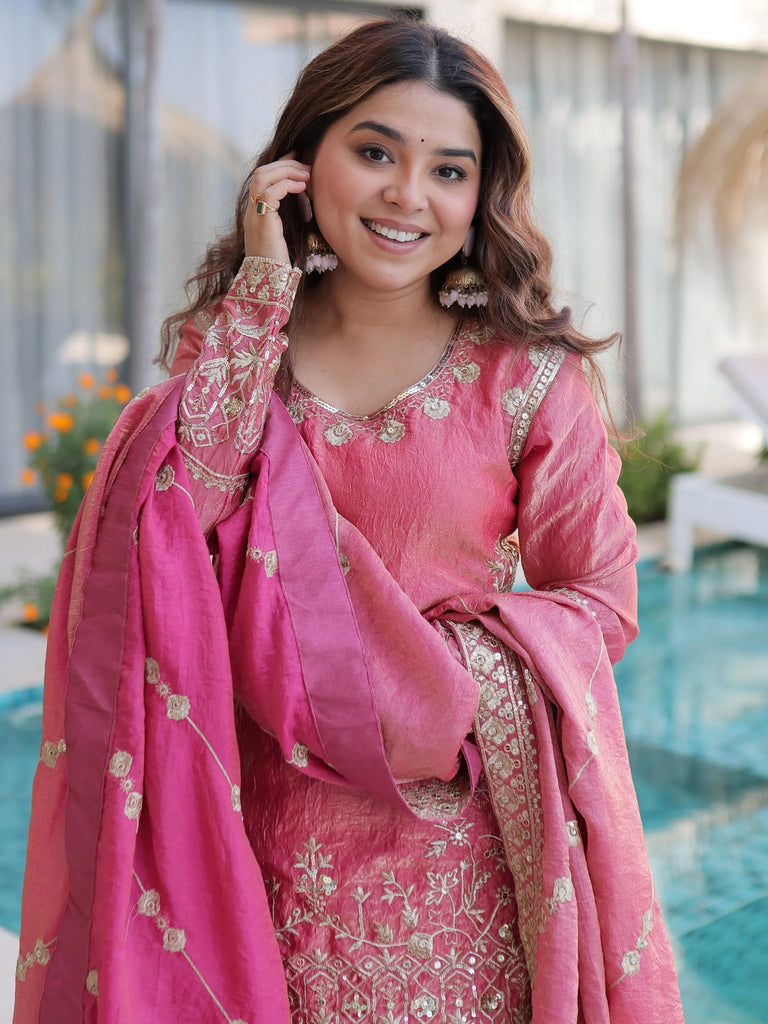 Fantastic Pink Zari Embroidered Crushed Festive Wear Sharara Suit
