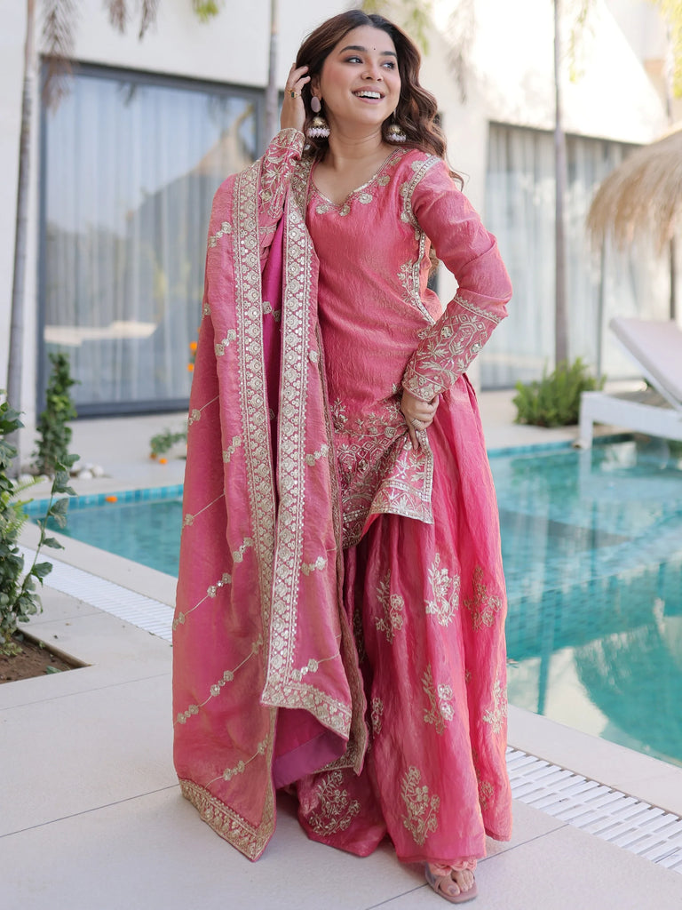 Fantastic Pink Zari Embroidered Crushed Festive Wear Sharara Suit