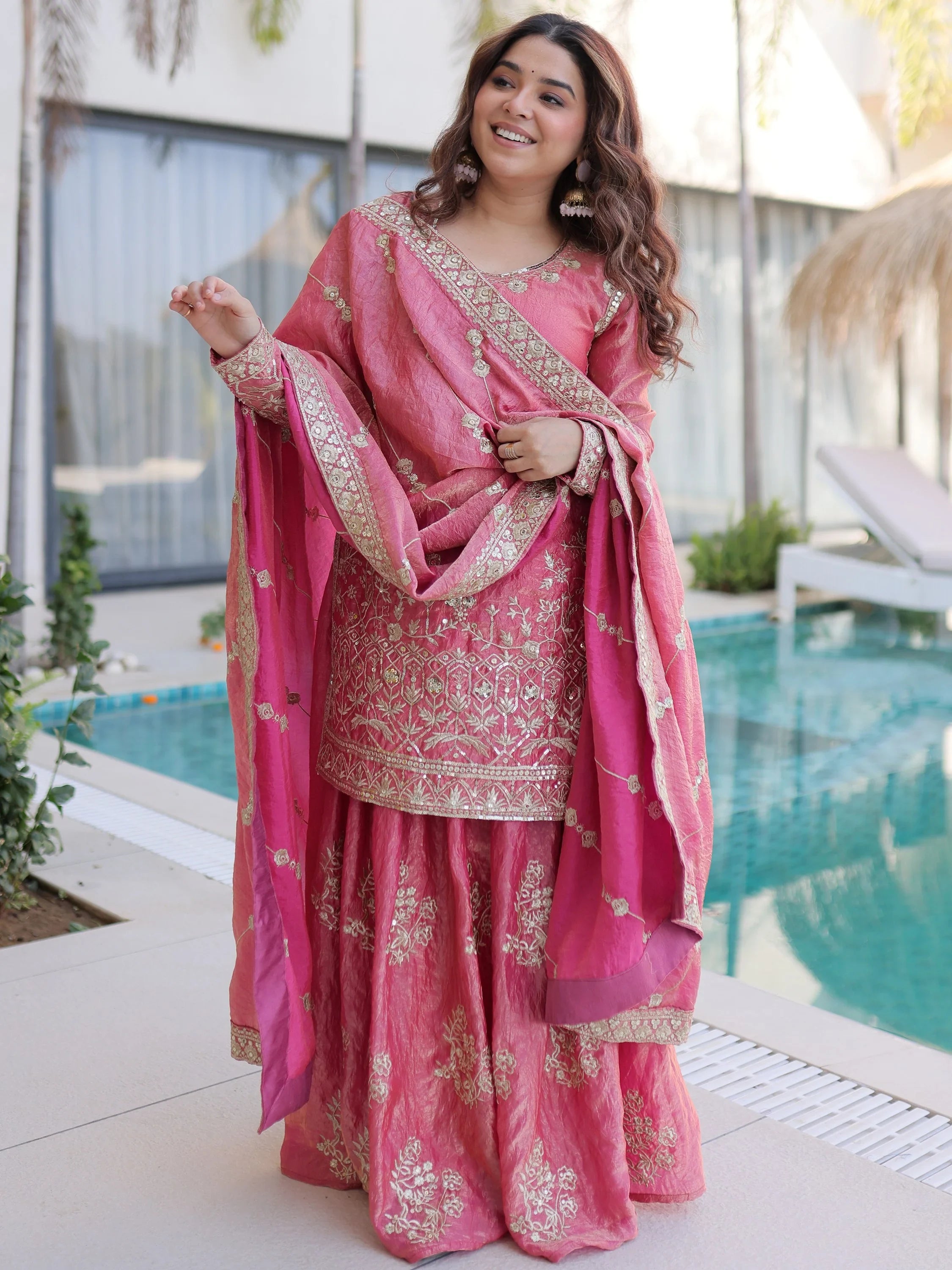 Fantastic Pink Zari Embroidered Crushed Festive Wear Sharara Suit