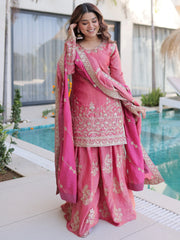 Fantastic Pink Zari Embroidered Crushed Festive Wear Sharara Suit
