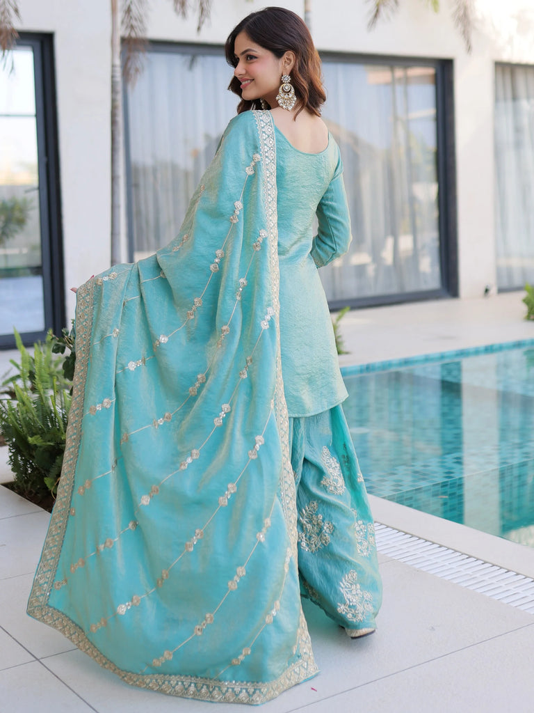 Adorable Sky Blue Zari Embroidered Crushed Function Wear Sharara Suit