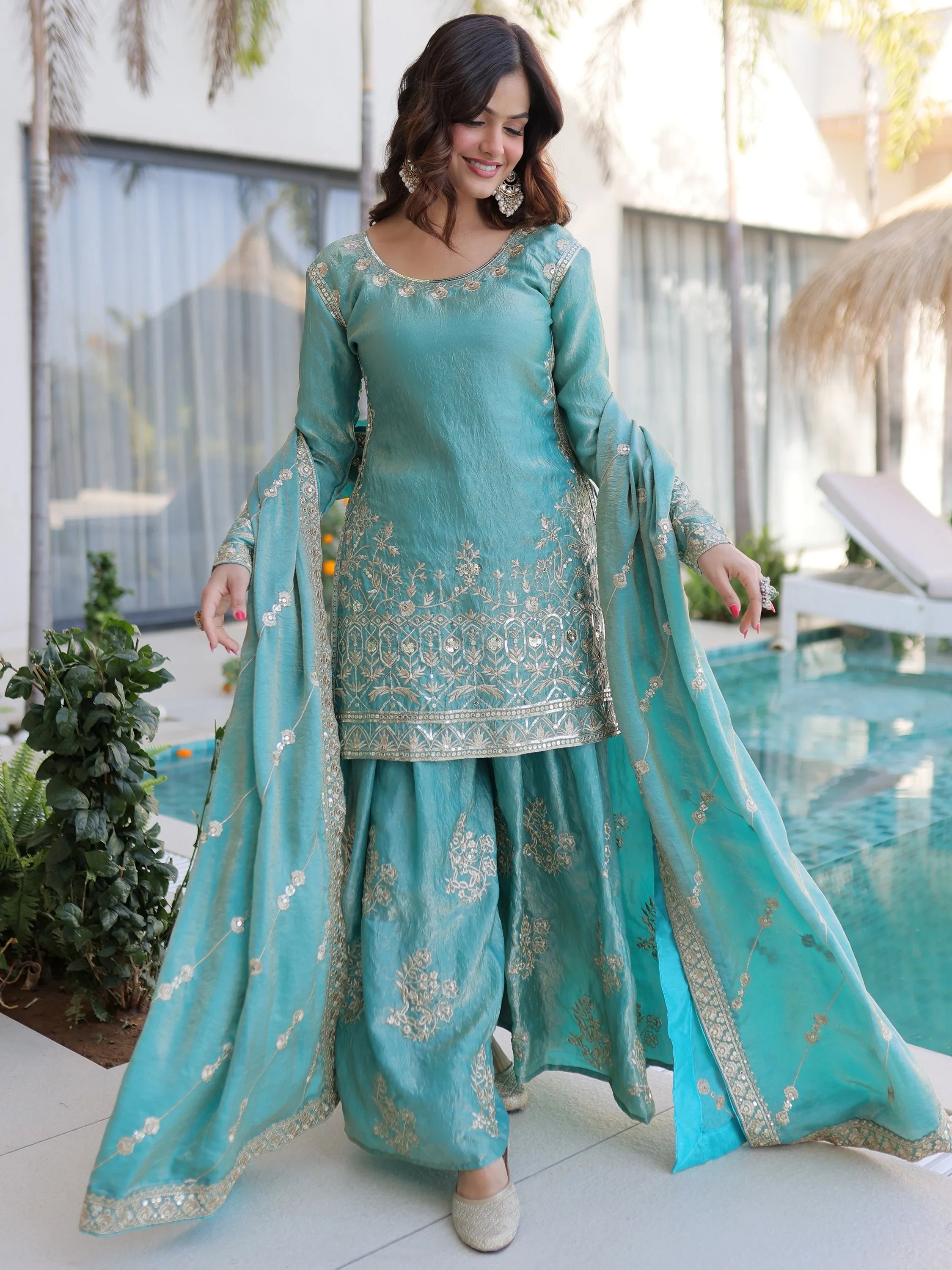 Adorable Sky Blue Zari Embroidered Crushed Function Wear Sharara Suit