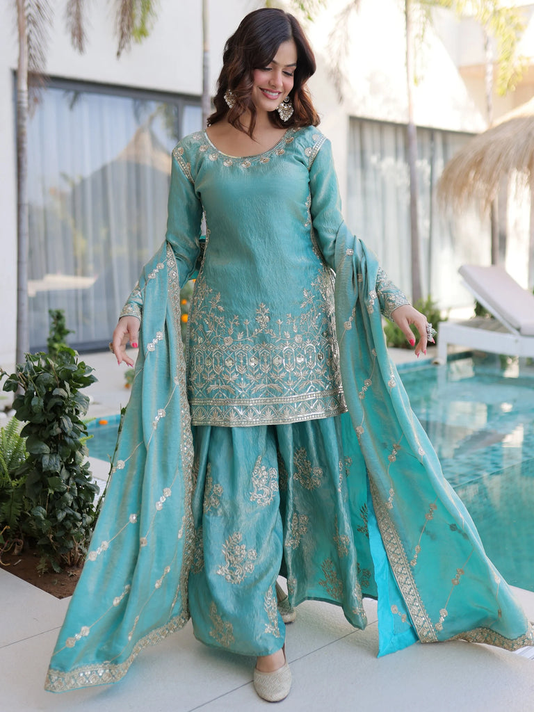 Adorable Sky Blue Zari Embroidered Crushed Function Wear Sharara Suit