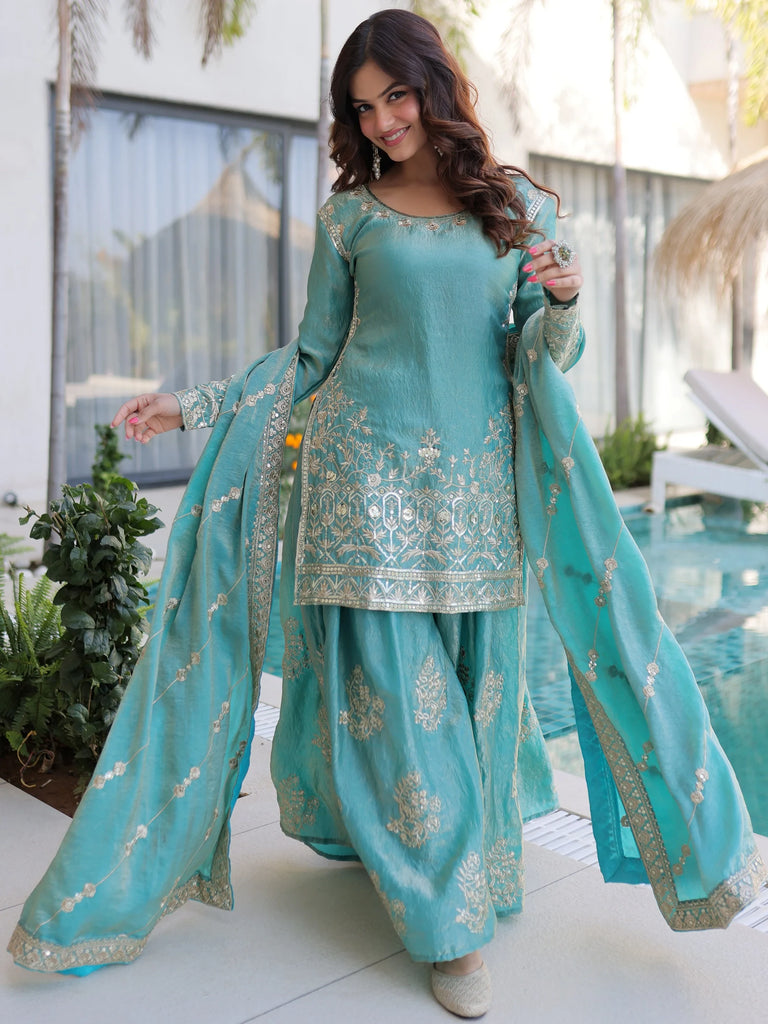 Adorable Sky Blue Zari Embroidered Crushed Function Wear Sharara Suit