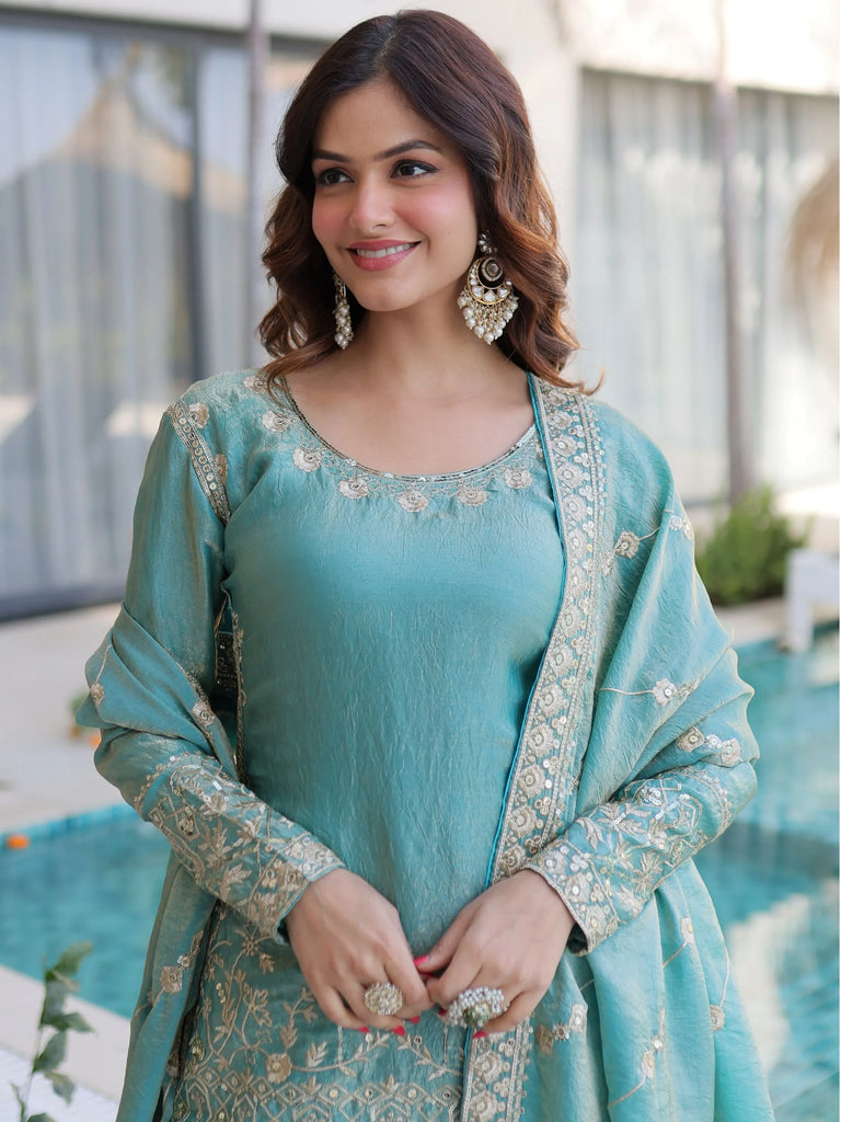 Adorable Sky Blue Zari Embroidered Crushed Function Wear Sharara Suit