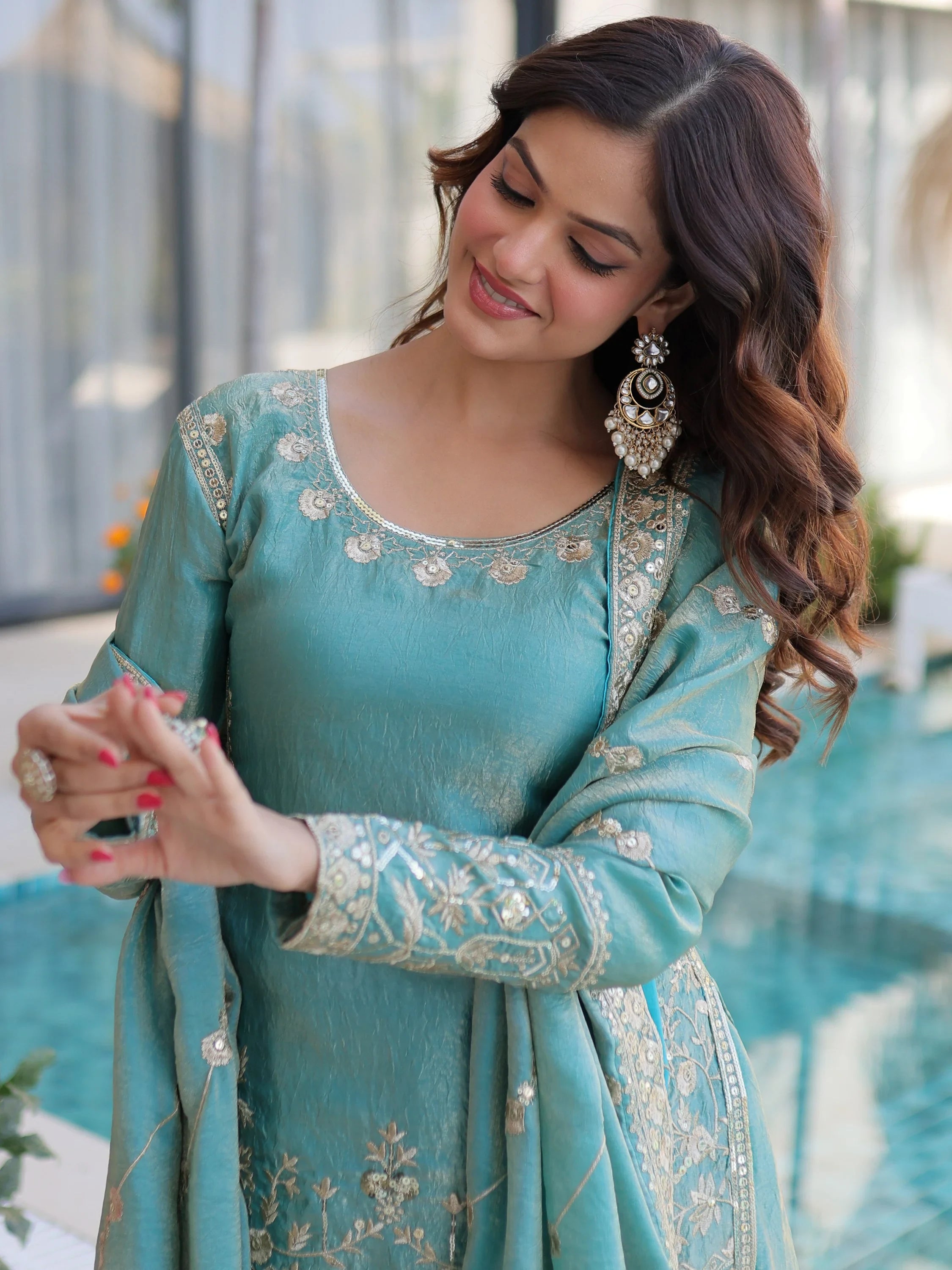Adorable Sky Blue Zari Embroidered Crushed Function Wear Sharara Suit