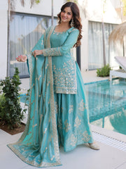 Adorable Sky Blue Zari Embroidered Crushed Function Wear Sharara Suit